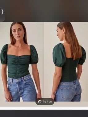 Reformation Deep Green Ruched Square Neck Puff Sleeve Top